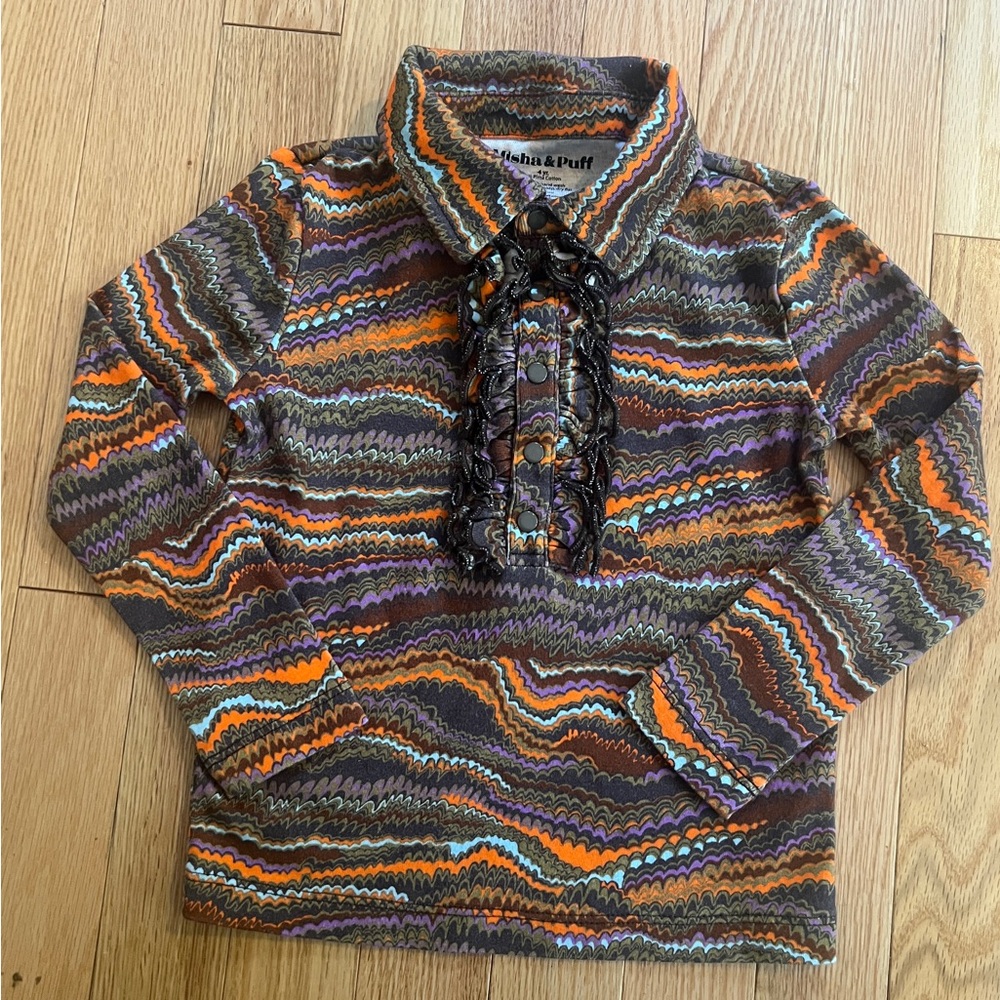 Misha & Puff Zigzag Ruffle Henley Top 4T 100% Pima Cotton Made in Peru